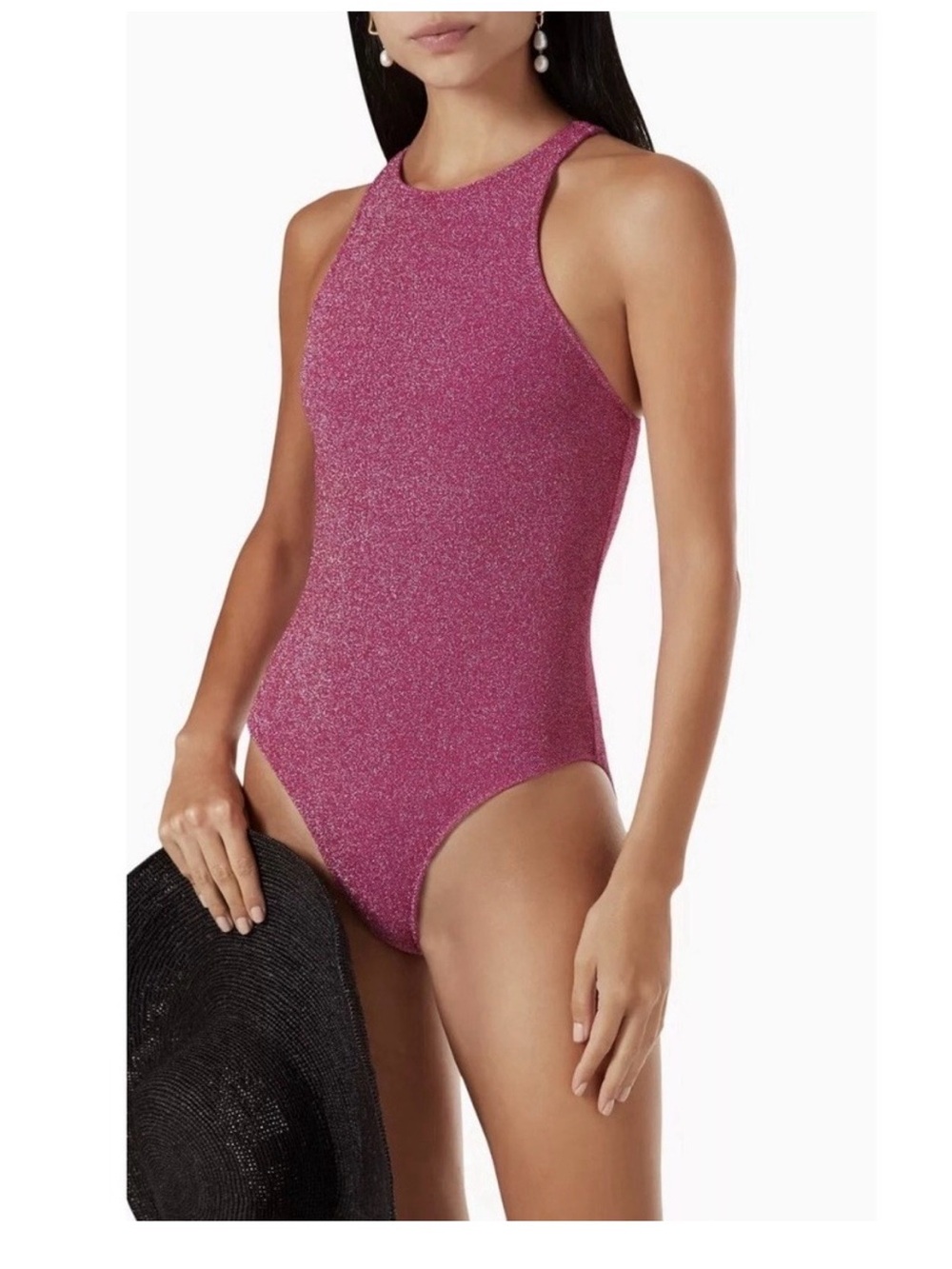 NWOT *SWIM SET* Good American Sparkle High-Neck One-Piece Swim in Hawaiian Pink